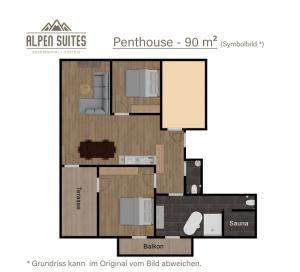 Grundriss des Apartments mit Möbeln in der Unterkunft Alpen Suites Brandnertal in Brand