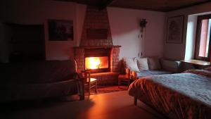 a living room with a fireplace and a bed at Adonis Guest House in Dimitsana