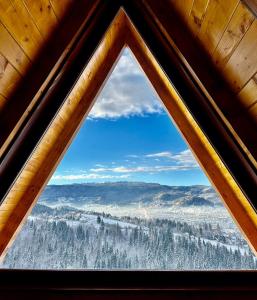 帕萊的住宿－Vikendica Tromedja Pale，从雪覆盖的树窗上可欣赏到风景