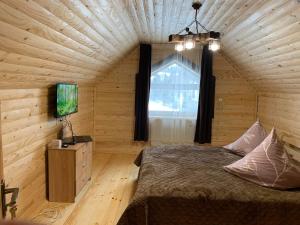 a bedroom with a bed and a window and a television at Буковий гай & ЧАН in Oryavchyk