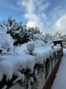 une clôture recouverte de neige avec des arbres et des buissons dans l'établissement SG Apartmán mezonetový s privátním wellness, à Nová Paka
