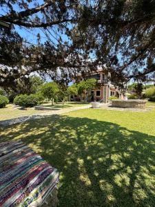 a large yard with a bench in front of a house at Genari Beach Apartments in Levendokhórion