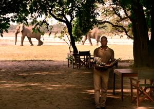 Un uomo che cammina davanti a un tavolo con un elefante sullo sfondo di Msandile River Lodge a Kakumbi