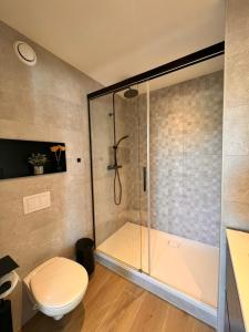 een badkamer met een toilet en een glazen douche bij Inova Guesthouse in Hasselt