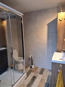 a bathroom with a shower and a toilet and a sink at bnbheerhugowaard in Heerhugowaard