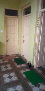 un pasillo con 2 puertas blancas y alfombras verdes en Himalayan Beautiful Mountain View Hostel, en Dharamshala
