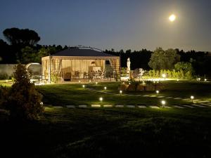 un cenador iluminado en un patio por la noche en Corte dei Mirti, camere signorili, en Iglesias