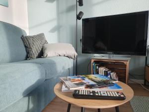 een woonkamer met een bank en een tafel met een tv bij NEU! Uni-Nähe! Altbau Apartment, Küche, TV, Balkon in Maagdenburg