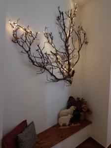 a tree branch with lights on a wall at Casa Mama Fela in Arucas