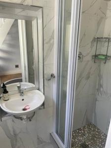a bathroom with a sink and a shower with a mirror at Charming home, The Vines in Constantia in Cape Town +9 photos