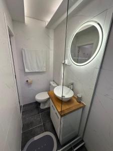 a bathroom with a sink and a toilet and a mirror at Savka Splav in Belgrade