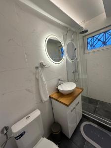 a white bathroom with a sink and a toilet at Savka Splav in Belgrade