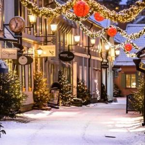 uma rua da cidade com luzes de Natal e árvores de Natal em Lovely studio in the citycenter of Sigtuna em Sigtuna