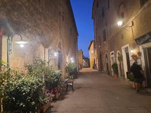 an alley with a person walking down a street at night at La Casina BFF in Magliano in Toscana