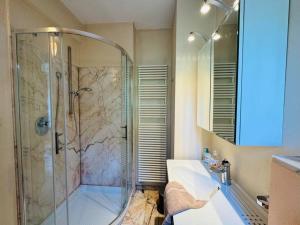 uma casa de banho com uma cabina de duche em vidro e um lavatório. em Skyview Studio Peaceful Retreat near Luxemburg Airport em Niederanven