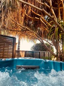 d'un bain à remous dans un jardin avec un arbre. dans l'établissement Residence Les Lataniers, à Saint-Leu