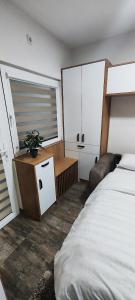 Pokój z 2 łóżkami i biurkiem z doniczką w obiekcie Marinkovic 2 stan na dan w mieście Vranje
