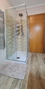 bagno con doccia e porta in vetro di Casa Fiorita a Copanello