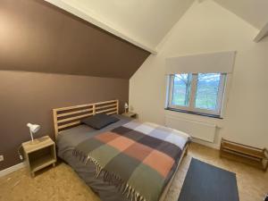 a bedroom with a bed and a window at la maison de bievre in Bièvre