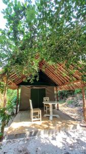 瓦塔姆的住宿－Bamba Kofi Tented Camp，树下带桌子和椅子的帐篷