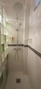 een witte badkamer met een douche met een douchekop bij le Boucanier in Tavira