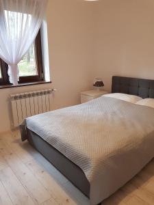 um quarto com uma cama grande e uma janela em Hacjenda em Boszkowo-Letnisko