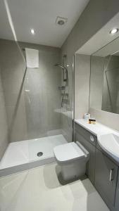 a bathroom with a shower and a toilet and a sink at Yorke Lodge Bed and Breakfast in Canterbury