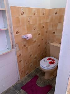 a bathroom with a toilet with a red rose on it at Maison exurville in Le Robert