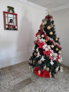 a christmas tree is sitting in a room at HOTEL CÁ DEI MONTI in Serafina Corêa