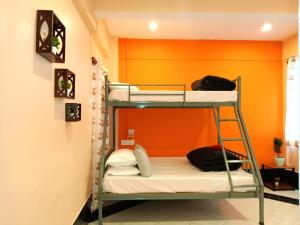 um beliche num quarto com uma parede laranja em Hidden Monkey Hostels em Darjeeling