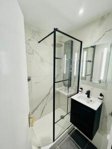 een witte badkamer met een wastafel en een douche bij Appartement centre historique in Mulhouse