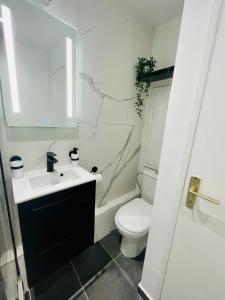 Appartement centre historique في ميلوز: حمام أبيض مع حوض ومرحاض