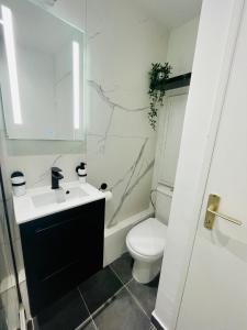 a white bathroom with a sink and a toilet at Appartement centre historique in Mulhouse