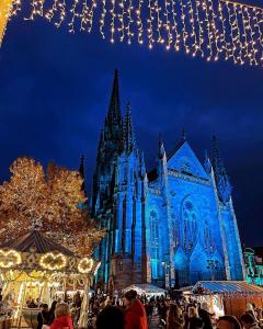 een grote kathedraal met kerstverlichting voor de deur bij Appartement centre historique in Mulhouse