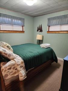 ein Schlafzimmer mit einem grünen Bett und einem Stuhl in der Unterkunft The White Conifer Cabin 
