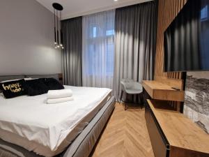 a bedroom with a large bed and a television at Apartamenty Sebastiana in Kraków