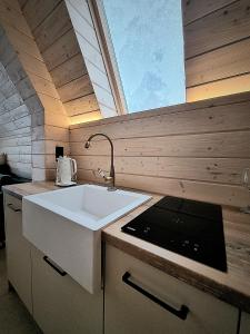 uma cozinha com um lavatório e uma janela em Domki Żabiniec em Jedle