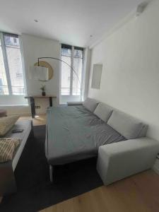 a bedroom with a bed and a couch and windows at Appartement haut de gamme in Saint-Germain-en-Laye