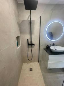 uma casa de banho com um chuveiro, um lavatório e um espelho. em Appartement haut de gamme em Saint-Germain-en-Laye