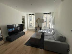 a living room with a couch and a tv at Appartement haut de gamme in Saint-Germain-en-Laye