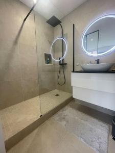 bagno con doccia, lavandino e specchio di Appartement haut de gamme a Saint-Germain-en-Laye