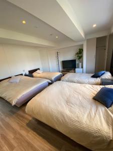 a bedroom with three beds and a flat screen tv at MR TOMO FUJI in Fuji