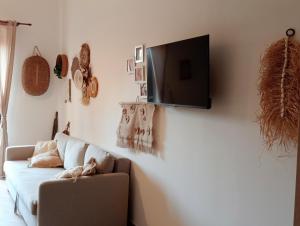 un soggiorno con divano e TV a parete di Tratturo dei Greci, biocasa vacanza a Lesina