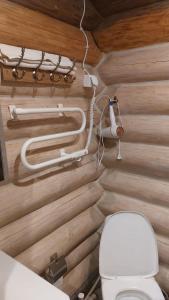 a bathroom with a toilet in a log cabin at Ceļinieks in Babīte
