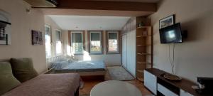 a room with a bed and a tv and windows at HRISTIJAN APARTMENT in the city center in Štip