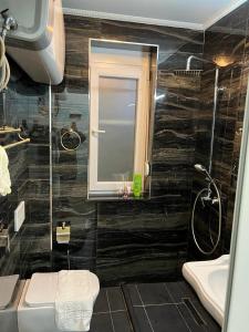 ein Bad mit einer Dusche, einem WC und einem Waschbecken in der Unterkunft Franci's Apartment no.3 in Tirana