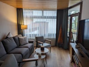 a living room with a couch and a tv at Ferienwohnung Schwarzwaldlust in Schluchsee