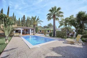 a swimming pool in a yard with palm trees at Can Valencià in Montecristo