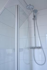 a shower with a shower head in a bathroom at Sandbank in Büsum