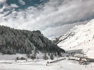 una montaña cubierta de nieve con árboles y una pista de esquí en Studio Barèges, 1 pièce, 2 personnes - FR-1-403-102 en Barèges